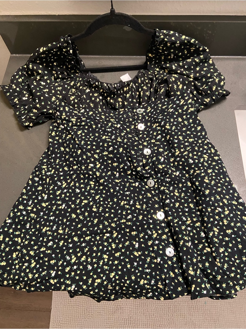 Black Floral Button-Front Puff Sleeve Top - Skirt Matching Set